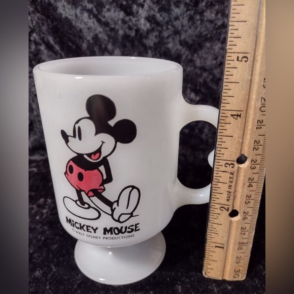 Vintage Mickey Mouse Milk Glass Pedestal Heat Proof Coffee Mug Ears Shape Handle